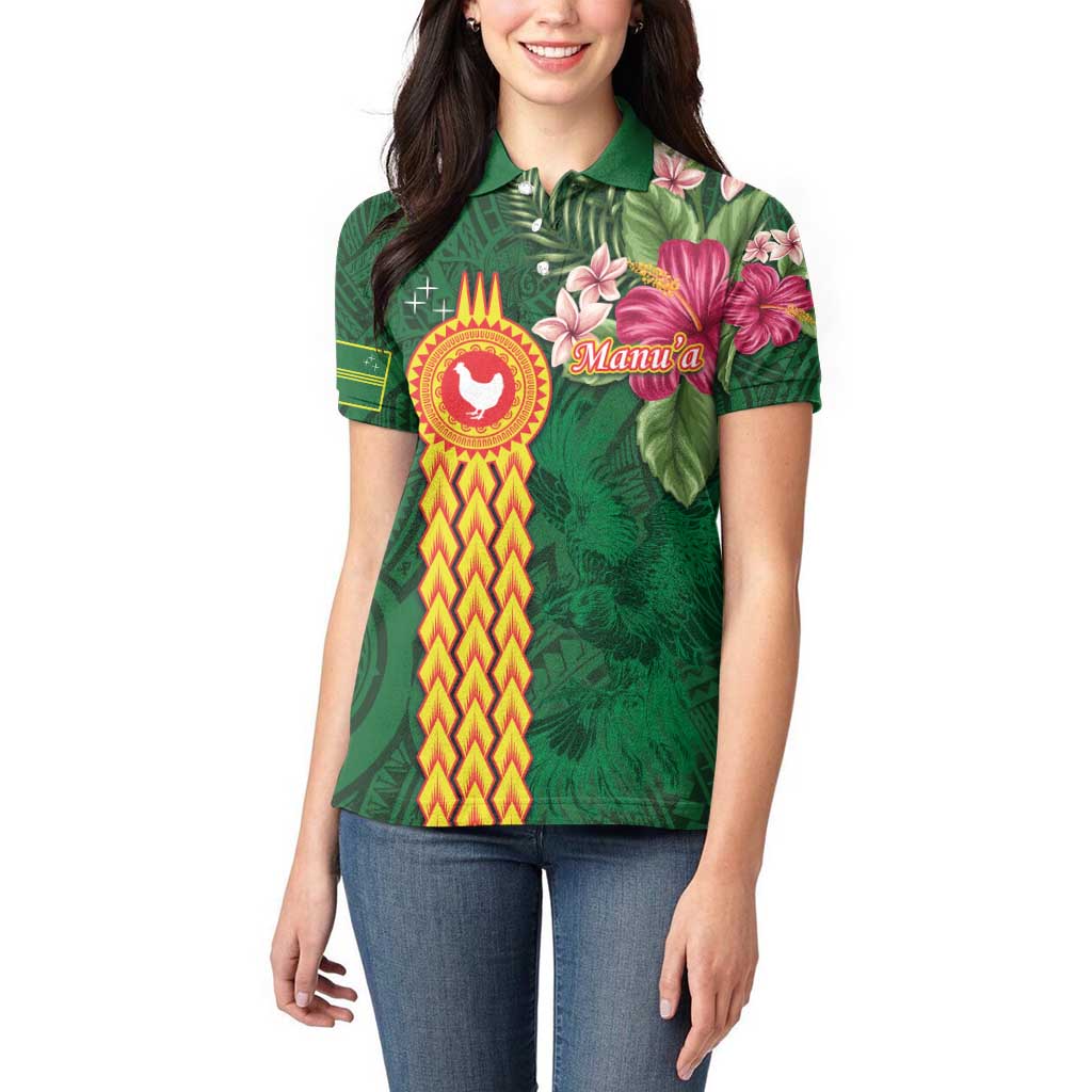 Manuʻa Islands Women Polo Shirt Polynesian Style with Rooster Tattoo and Tropical Plants