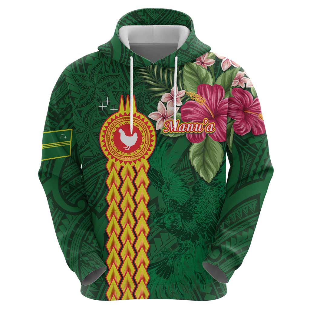 Manuʻa Islands Zip Hoodie Polynesian Style with Rooster Tattoo and Tropical Plants