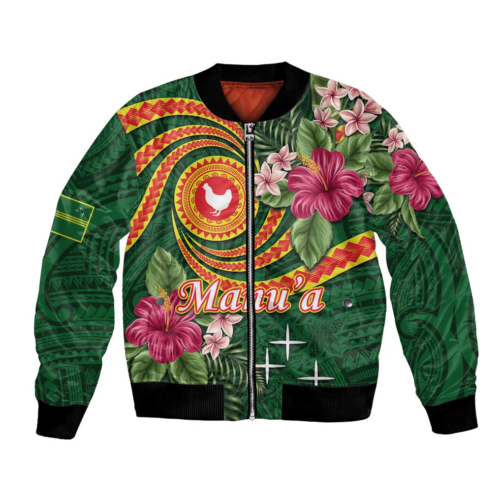 Manuʻa Islands Bomber Jacket Polynesian Art Tattoo Style and Tropical Plants