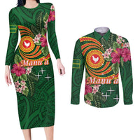 Manuʻa Islands Couples Matching Long Sleeve Bodycon Dress and Long Sleeve Button Shirt Polynesian Art Tattoo Style and Tropical Plants