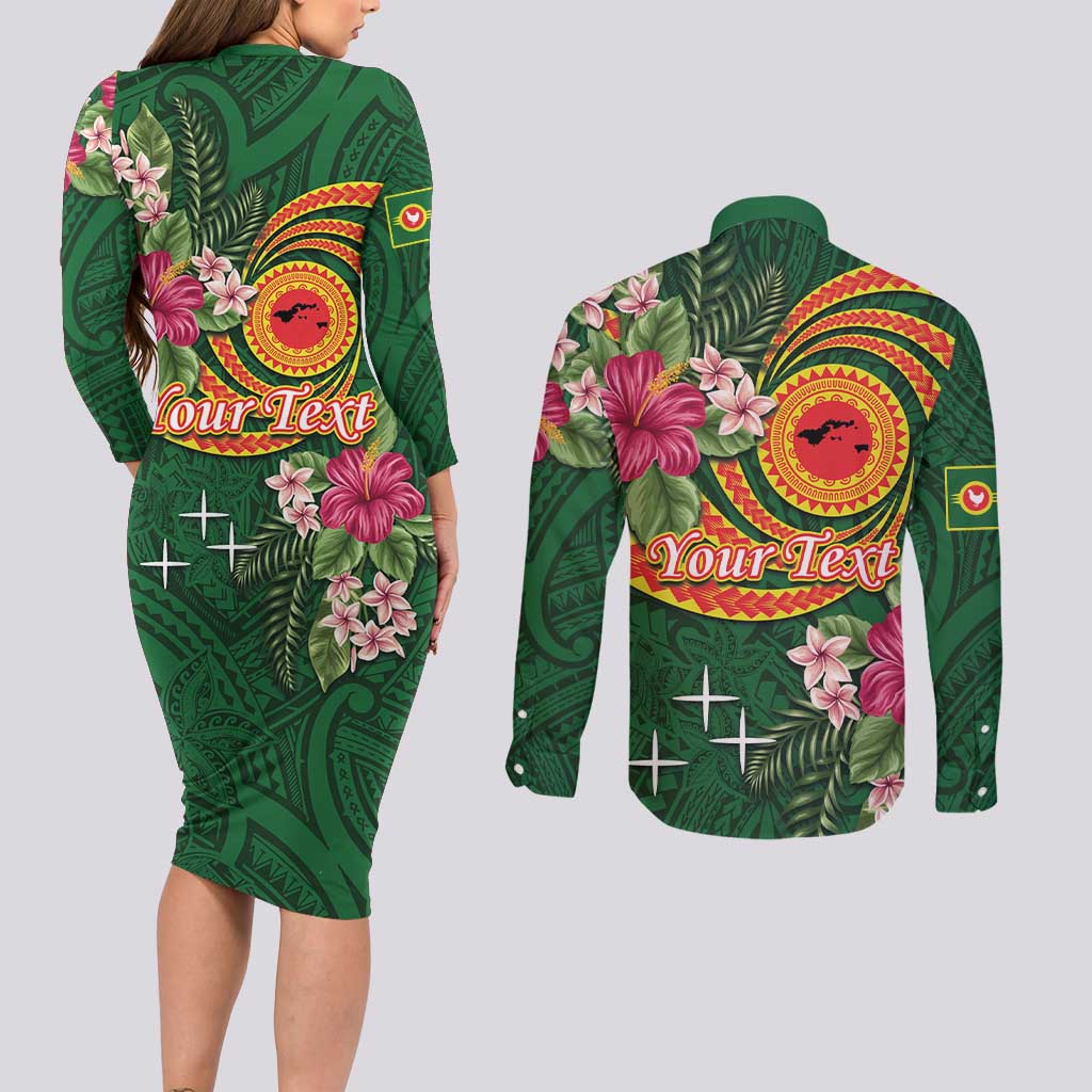 Manuʻa Islands Couples Matching Long Sleeve Bodycon Dress and Long Sleeve Button Shirt Polynesian Art Tattoo Style and Tropical Plants