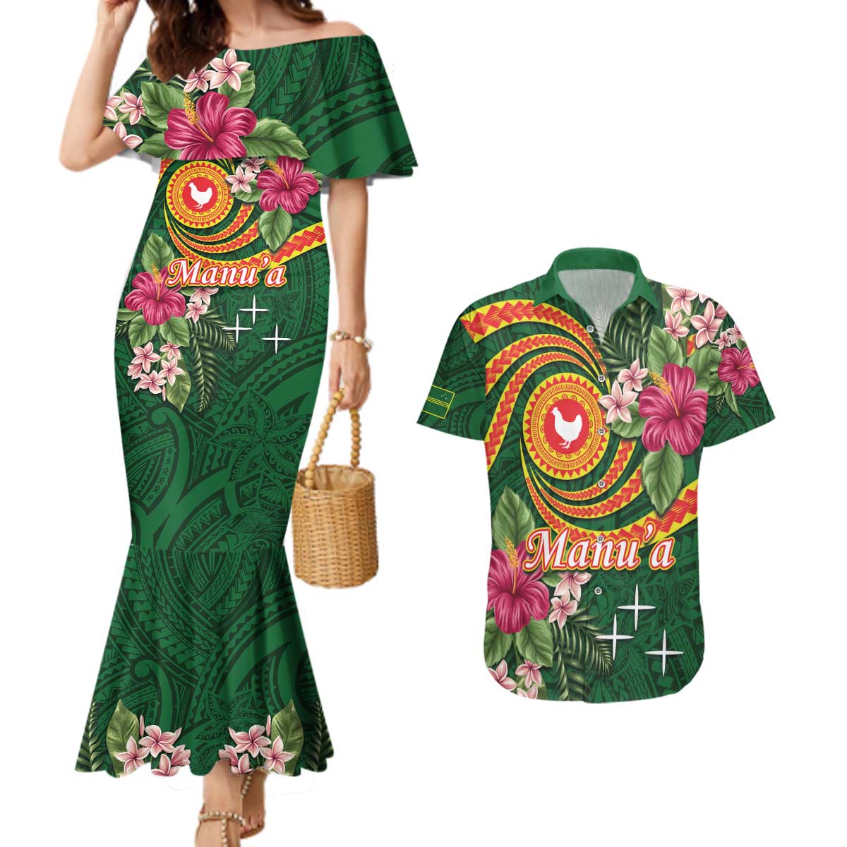 Manuʻa Islands Couples Matching Mermaid Dress and Hawaiian Shirt Polynesian Art Tattoo Style and Tropical Plants