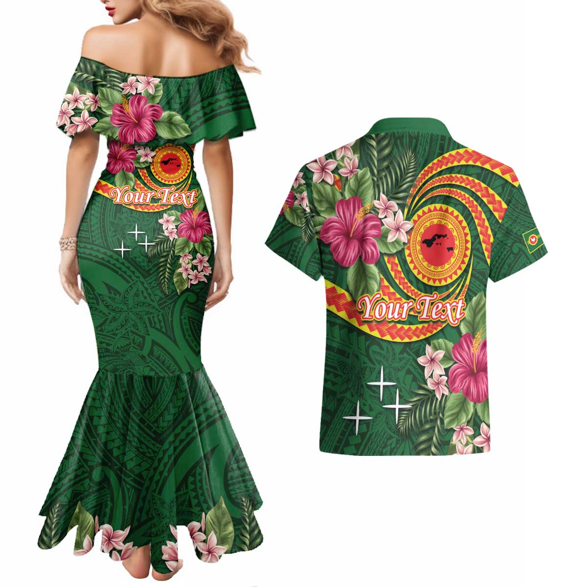 Manuʻa Islands Couples Matching Mermaid Dress and Hawaiian Shirt Polynesian Art Tattoo Style and Tropical Plants