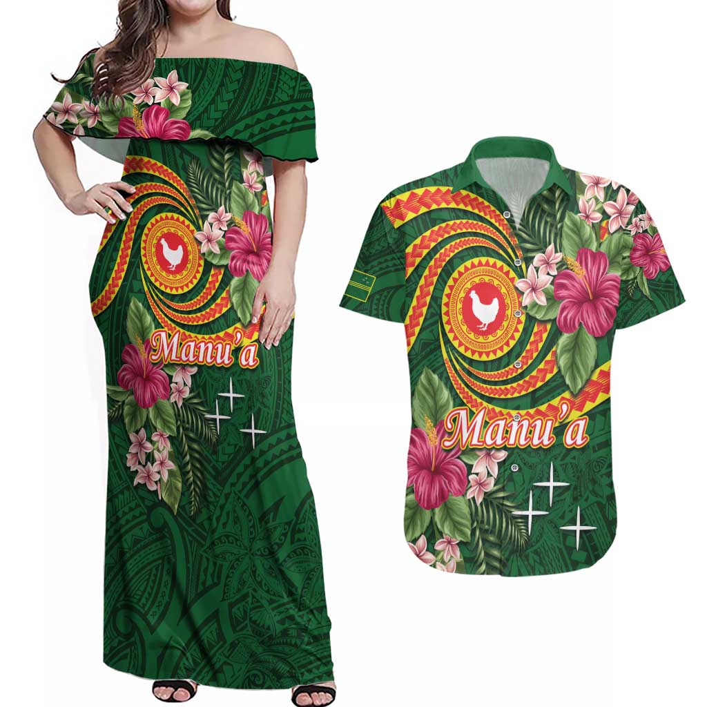Manuʻa Islands Couples Matching Off Shoulder Maxi Dress and Hawaiian Shirt Polynesian Art Tattoo Style and Tropical Plants