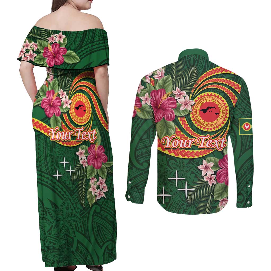Manuʻa Islands Couples Matching Off Shoulder Maxi Dress and Long Sleeve Button Shirt Polynesian Art Tattoo Style and Tropical Plants