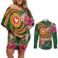 Manuʻa Islands Couples Matching Off Shoulder Short Dress and Long Sleeve Button Shirt Polynesian Art Tattoo Style and Tropical Plants