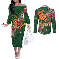 Manuʻa Islands Couples Matching Off The Shoulder Long Sleeve Dress and Long Sleeve Button Shirt Polynesian Art Tattoo Style and Tropical Plants