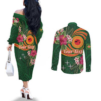 Manuʻa Islands Couples Matching Off The Shoulder Long Sleeve Dress and Long Sleeve Button Shirt Polynesian Art Tattoo Style and Tropical Plants