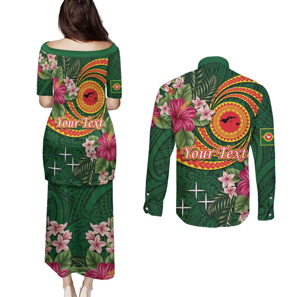 Manuʻa Islands Couples Matching Puletasi and Long Sleeve Button Shirt Polynesian Art Tattoo Style and Tropical Plants