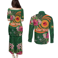 Manuʻa Islands Couples Matching Puletasi and Long Sleeve Button Shirt Polynesian Art Tattoo Style and Tropical Plants