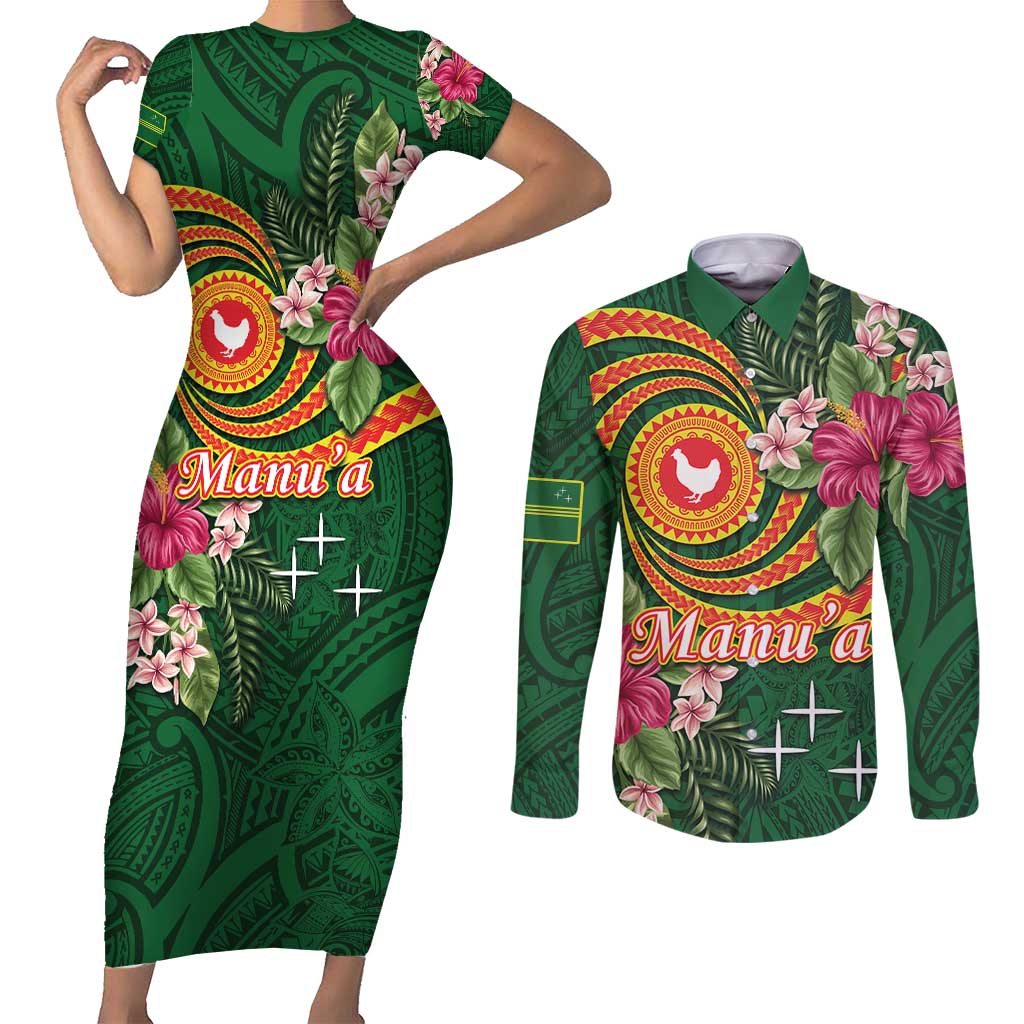 Manuʻa Islands Couples Matching Short Sleeve Bodycon Dress and Long Sleeve Button Shirt Polynesian Art Tattoo Style and Tropical Plants