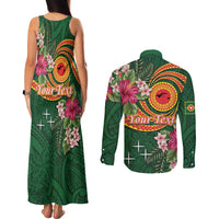 Manuʻa Islands Couples Matching Tank Maxi Dress and Long Sleeve Button Shirt Polynesian Art Tattoo Style and Tropical Plants