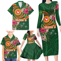Manuʻa Islands Family Matching Long Sleeve Bodycon Dress and Hawaiian Shirt Polynesian Art Tattoo Style and Tropical Plants