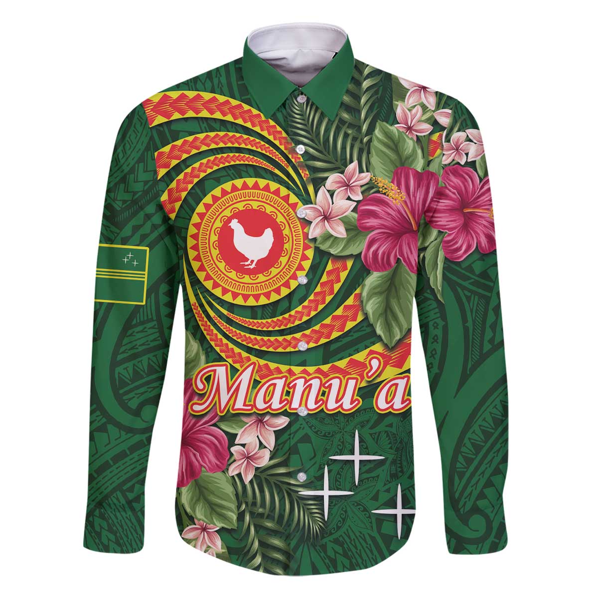 Manuʻa Islands Family Matching Off The Shoulder Long Sleeve Dress and Hawaiian Shirt Polynesian Art Tattoo Style and Tropical Plants