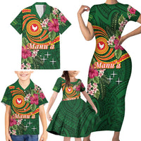 Manuʻa Islands Family Matching Short Sleeve Bodycon Dress and Hawaiian Shirt Polynesian Art Tattoo Style and Tropical Plants