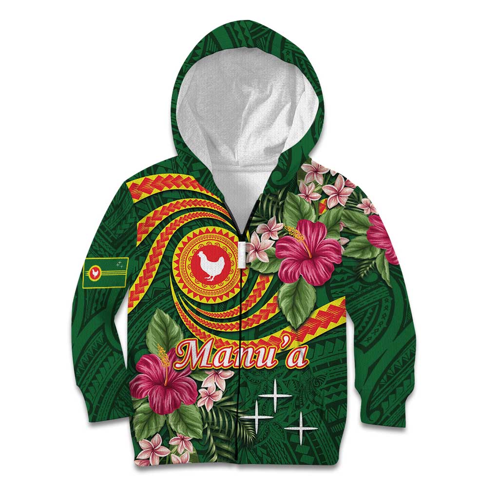 Personalised Manuʻa Islands Kid Hoodie Polynesian Art Tattoo Style and Tropical Plants LT03 Zip Hoodie Green - Polynesian Pride