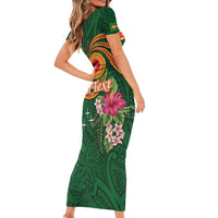 Manuʻa Islands Short Sleeve Bodycon Dress Polynesian Art Tattoo Style and Tropical Plants
