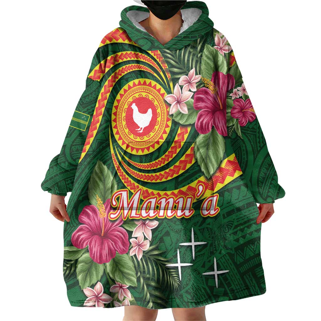 Manuʻa Islands Wearable Blanket Hoodie Polynesian Art Tattoo Style and Tropical Plants