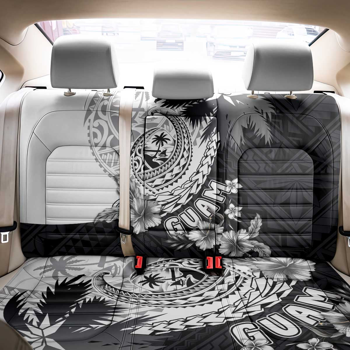 Hafa Adai Guam Back Car Seat Cover Polynesian Palm Tree Tattoo Hibiscus and Plumeria Art