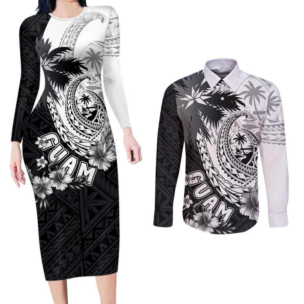 Hafa Adai Guam Couples Matching Long Sleeve Bodycon Dress and Long Sleeve Button Shirt Polynesian Palm Tree Tattoo Hibiscus and Plumeria Art