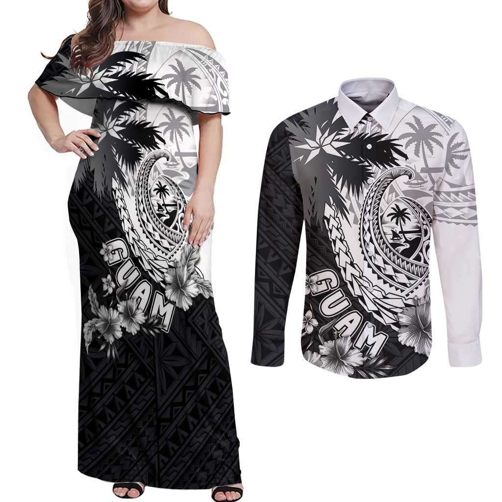 Hafa Adai Guam Couples Matching Off Shoulder Maxi Dress and Long Sleeve Button Shirt Polynesian Palm Tree Tattoo Hibiscus and Plumeria Art