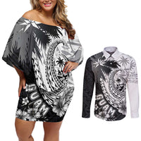 Hafa Adai Guam Couples Matching Off Shoulder Short Dress and Long Sleeve Button Shirt Polynesian Palm Tree Tattoo Hibiscus and Plumeria Art