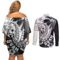 Hafa Adai Guam Couples Matching Off Shoulder Short Dress and Long Sleeve Button Shirt Polynesian Palm Tree Tattoo Hibiscus and Plumeria Art