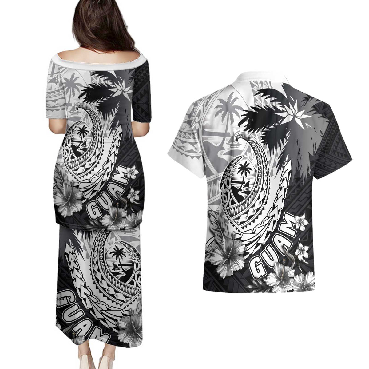 Hafa Adai Guam Couples Matching Puletasi and Hawaiian Shirt Polynesian Palm Tree Tattoo Hibiscus and Plumeria Art