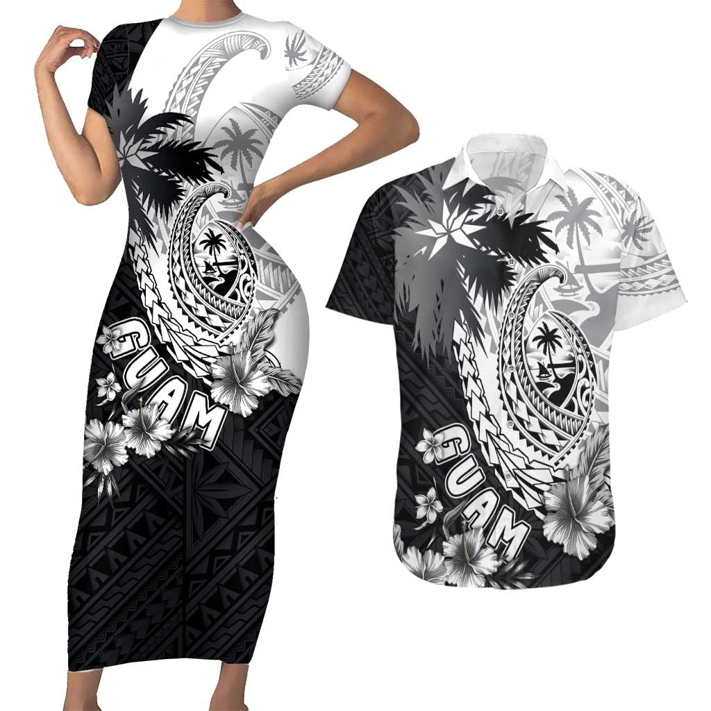 Hafa Adai Guam Couples Matching Short Sleeve Bodycon Dress and Hawaiian Shirt Polynesian Palm Tree Tattoo Hibiscus and Plumeria Art