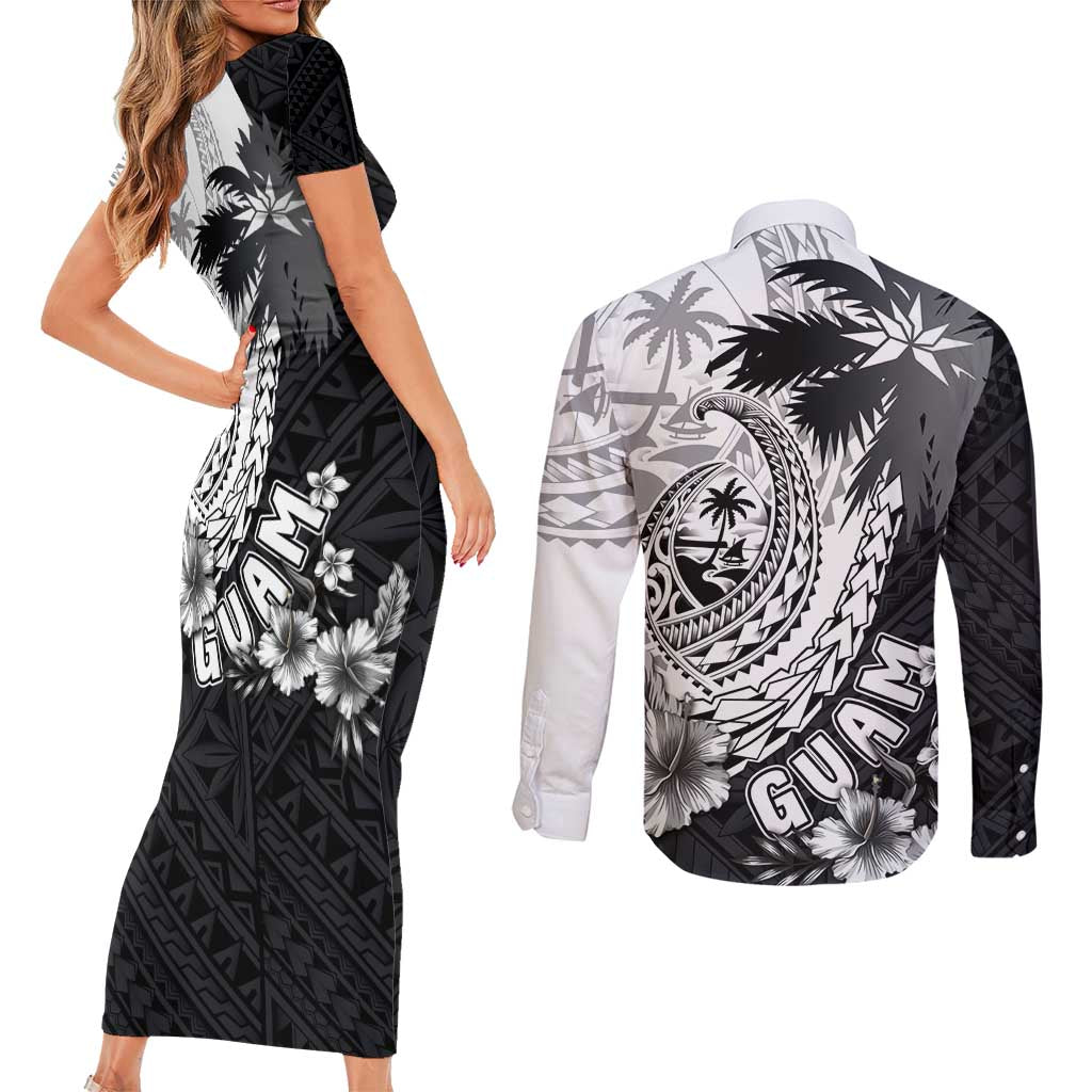 Hafa Adai Guam Couples Matching Short Sleeve Bodycon Dress and Long Sleeve Button Shirt Polynesian Palm Tree Tattoo Hibiscus and Plumeria Art