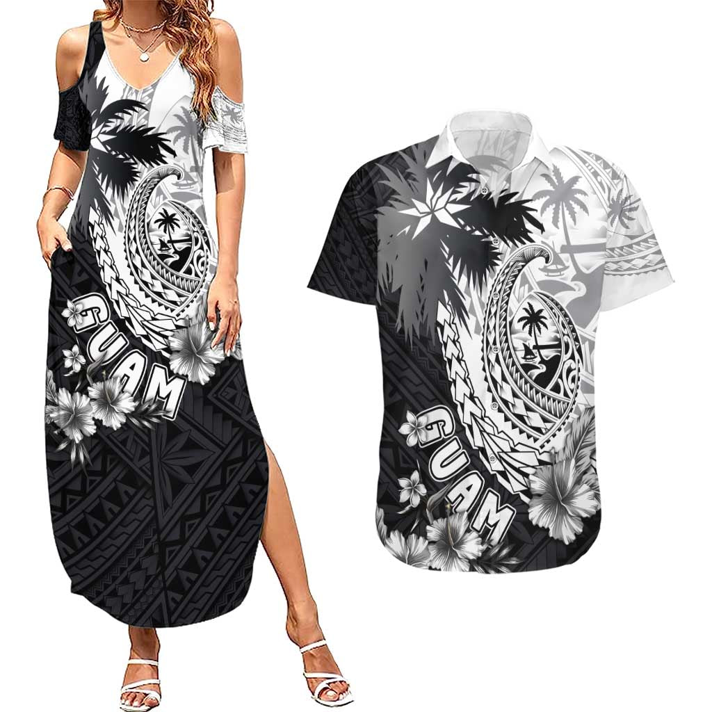 Hafa Adai Guam Couples Matching Summer Maxi Dress and Hawaiian Shirt Polynesian Palm Tree Tattoo Hibiscus and Plumeria Art