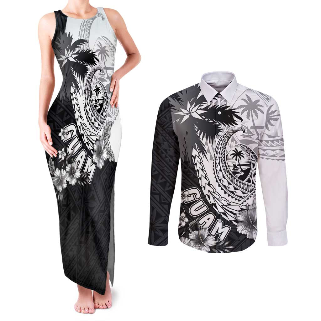 Hafa Adai Guam Couples Matching Tank Maxi Dress and Long Sleeve Button Shirt Polynesian Palm Tree Tattoo Hibiscus and Plumeria Art