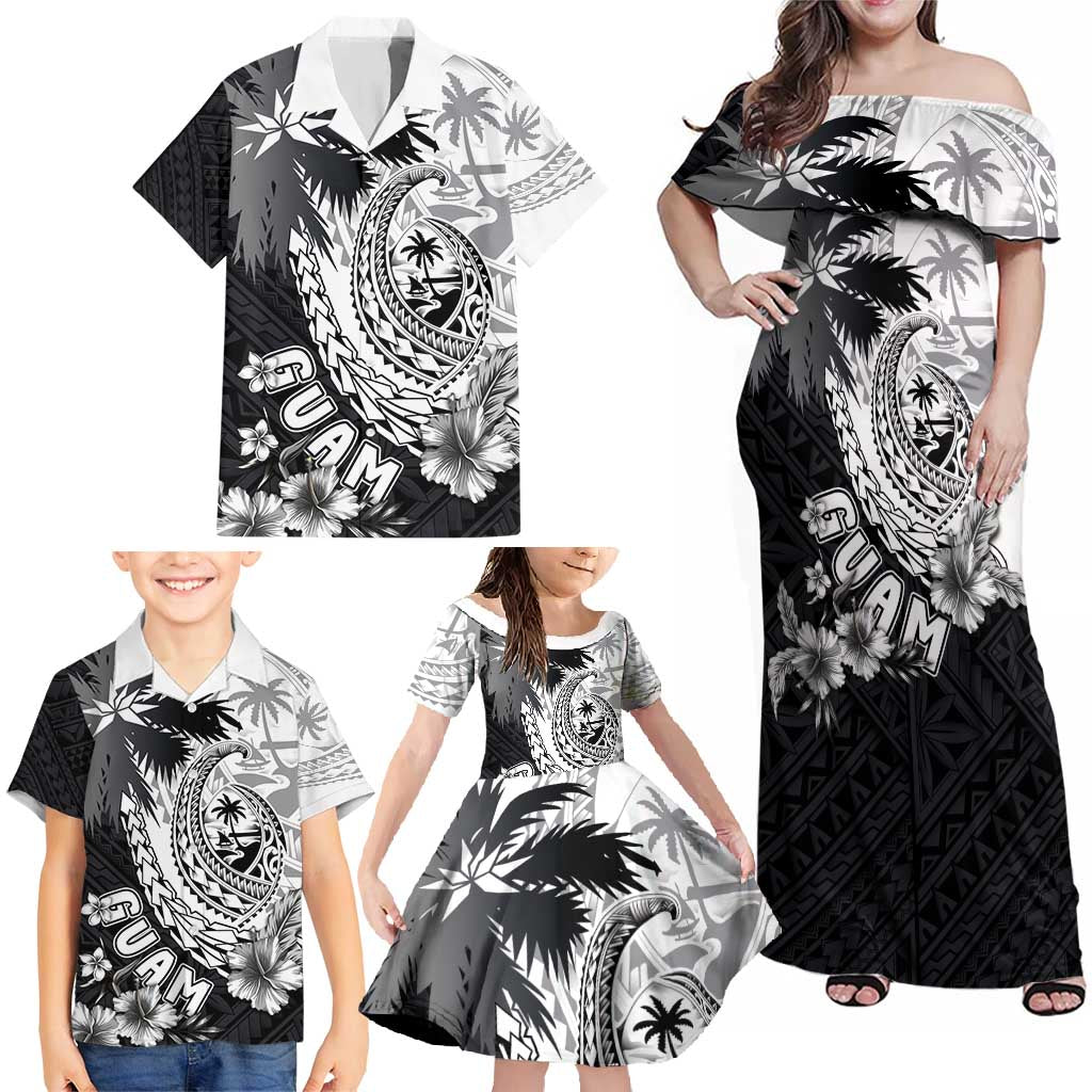 Hafa Adai Guam Family Matching Off Shoulder Maxi Dress and Hawaiian Shirt Polynesian Palm Tree Tattoo Hibiscus and Plumeria Art