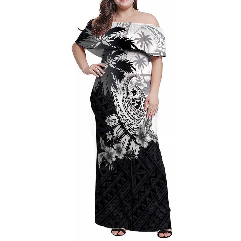 Hafa Adai Guam Family Matching Off Shoulder Maxi Dress and Hawaiian Shirt Polynesian Palm Tree Tattoo Hibiscus and Plumeria Art