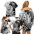 Hafa Adai Guam Family Matching Off Shoulder Short Dress and Hawaiian Shirt Polynesian Palm Tree Tattoo Hibiscus and Plumeria Art