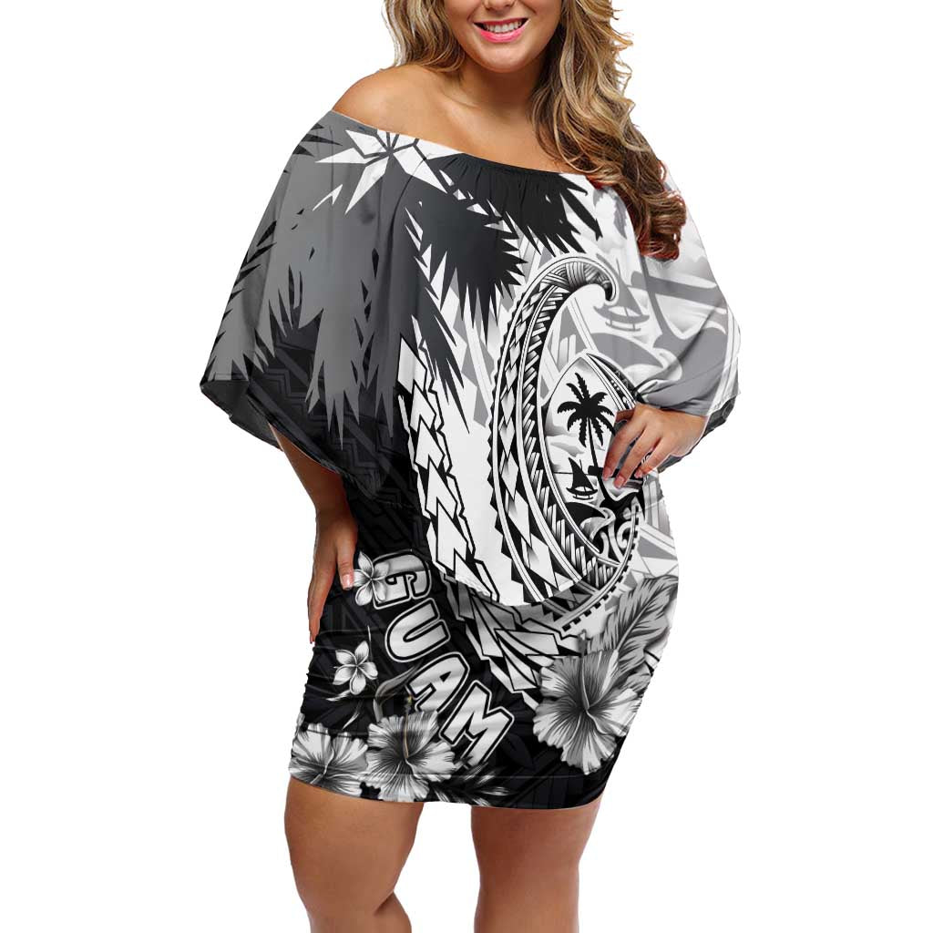 Hafa Adai Guam Family Matching Off Shoulder Short Dress and Hawaiian Shirt Polynesian Palm Tree Tattoo Hibiscus and Plumeria Art