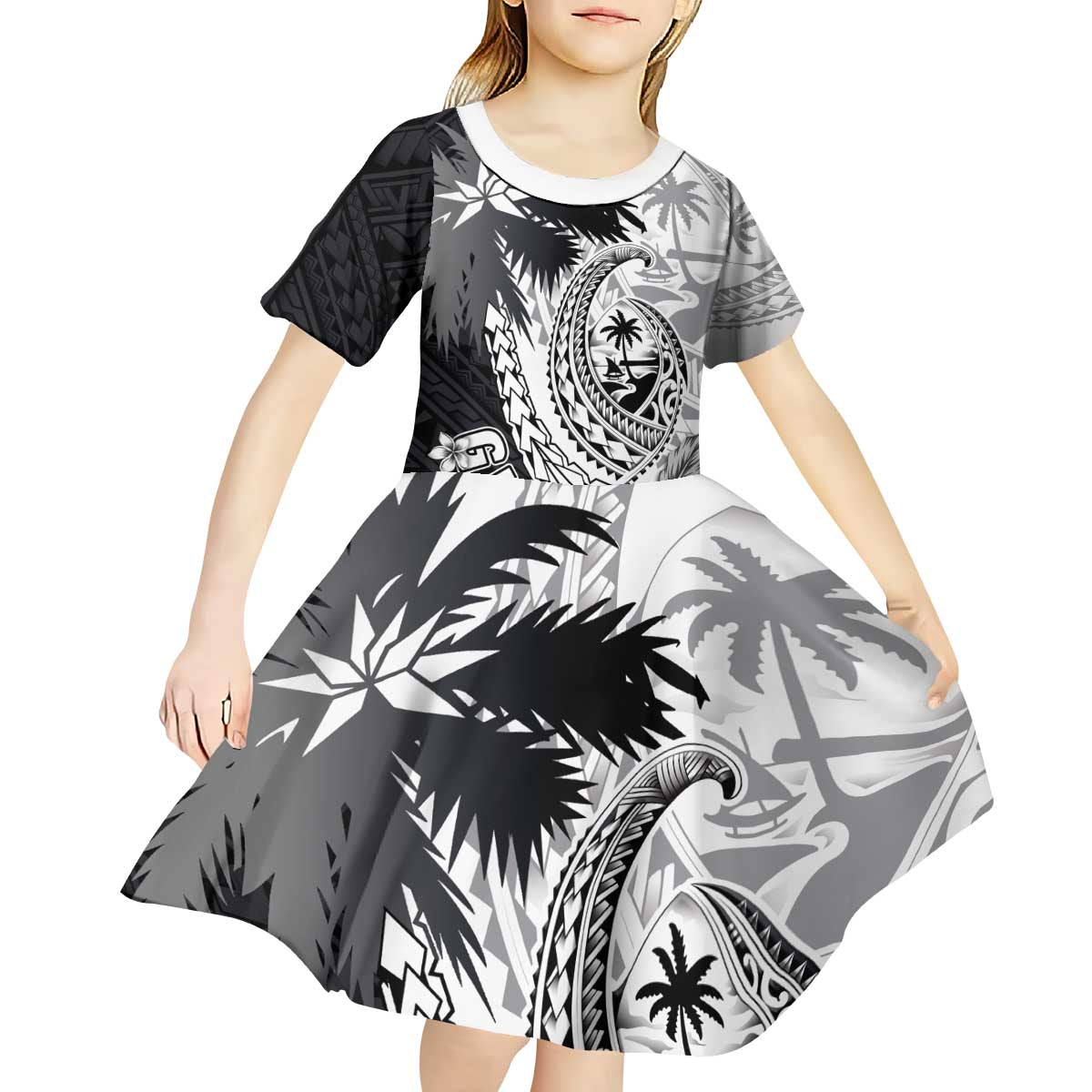 Hafa Adai Guam Kid Short Sleeve Dress Polynesian Palm Tree Tattoo Hibiscus and Plumeria Art