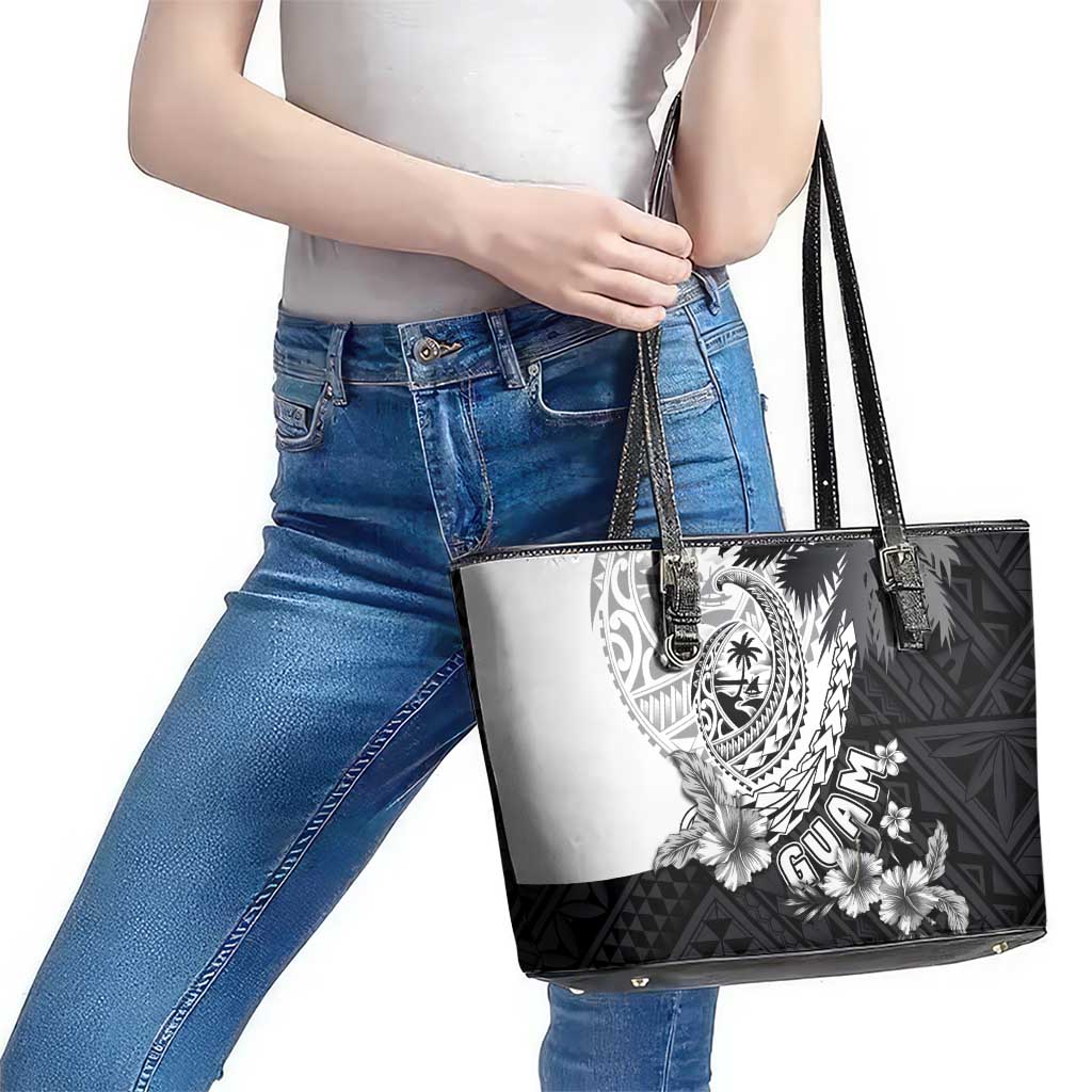 Hafa Adai Guam Leather Tote Bag Polynesian Palm Tree Tattoo Hibiscus and Plumeria Art