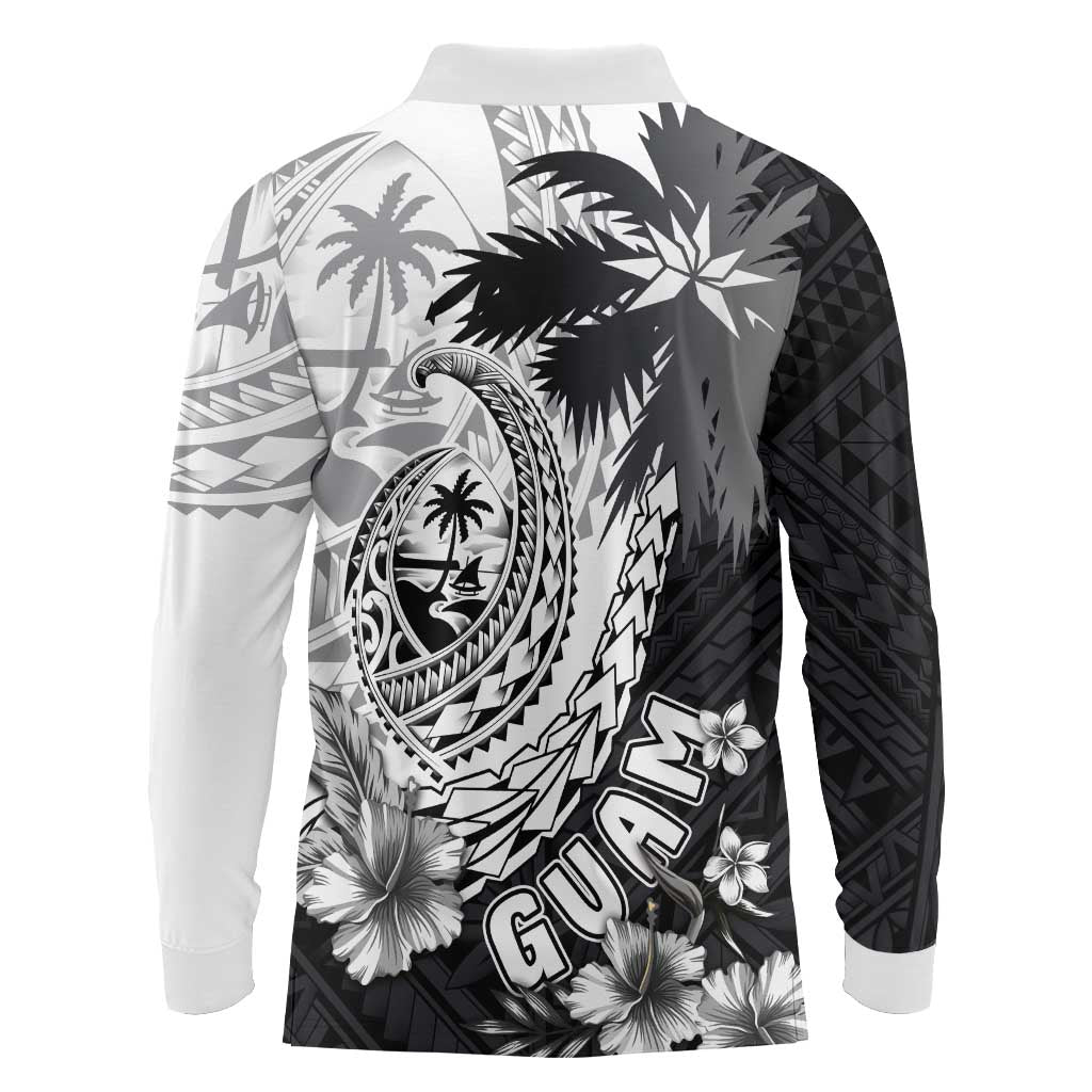 Hafa Adai Guam Long Sleeve Polo Shirt Polynesian Palm Tree Tattoo Hibiscus and Plumeria Art