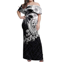 Hafa Adai Guam Off Shoulder Maxi Dress Polynesian Palm Tree Tattoo Hibiscus and Plumeria Art