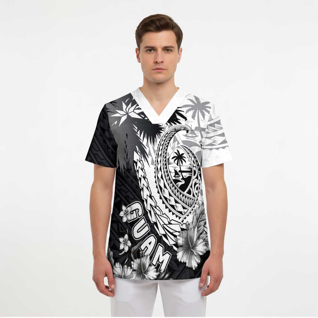 Hafa Adai Guam Scrub Top Polynesian Palm Tree Tattoo Hibiscus and Plumeria Art - Polynesian Pride