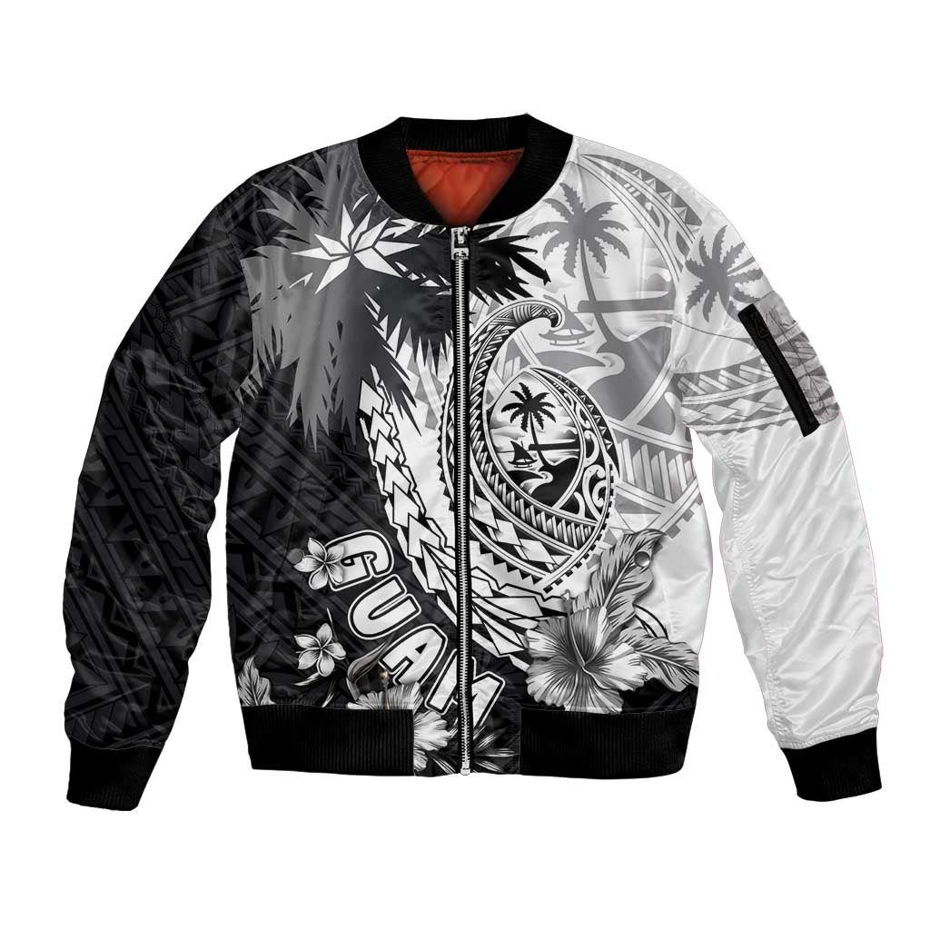 Hafa Adai Guam Sleeve Zip Bomber Jacket Polynesian Palm Tree Tattoo Hibiscus and Plumeria Art