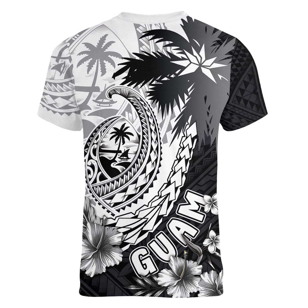 Hafa Adai Guam Women V-Neck T-Shirt Polynesian Palm Tree Tattoo Hibiscus and Plumeria Art