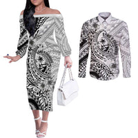 Guam-Land of the Chamorro Couples Matching Off The Shoulder Long Sleeve Dress and Long Sleeve Button Shirt Polynesian Tattoo Style Hibiscus and Plumeria Art