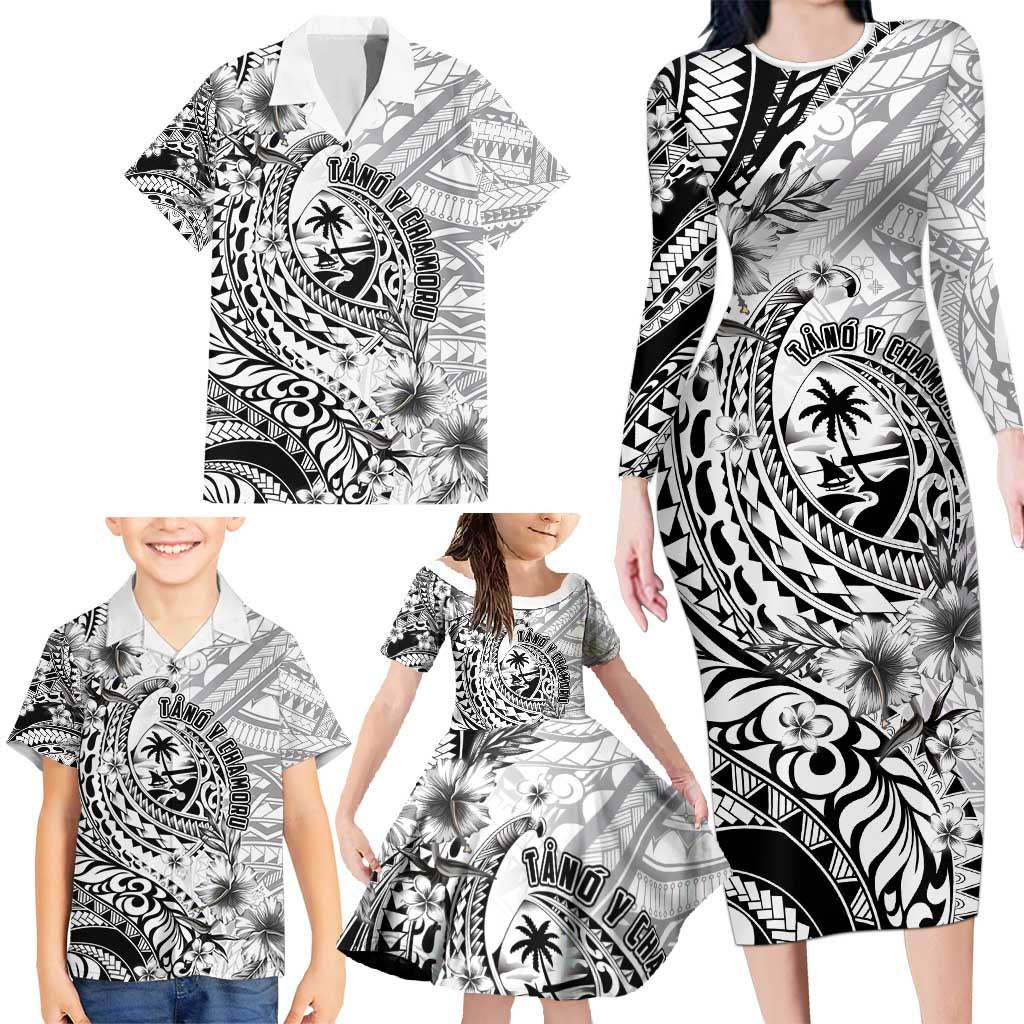 Guam-Land of the Chamorro Family Matching Long Sleeve Bodycon Dress and Hawaiian Shirt Polynesian Tattoo Style Hibiscus and Plumeria Art