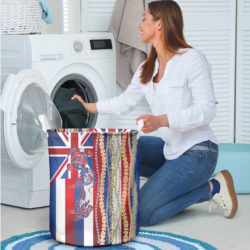 Hawaiian Sea Animals Laundry Basket with Lei and Flag Style