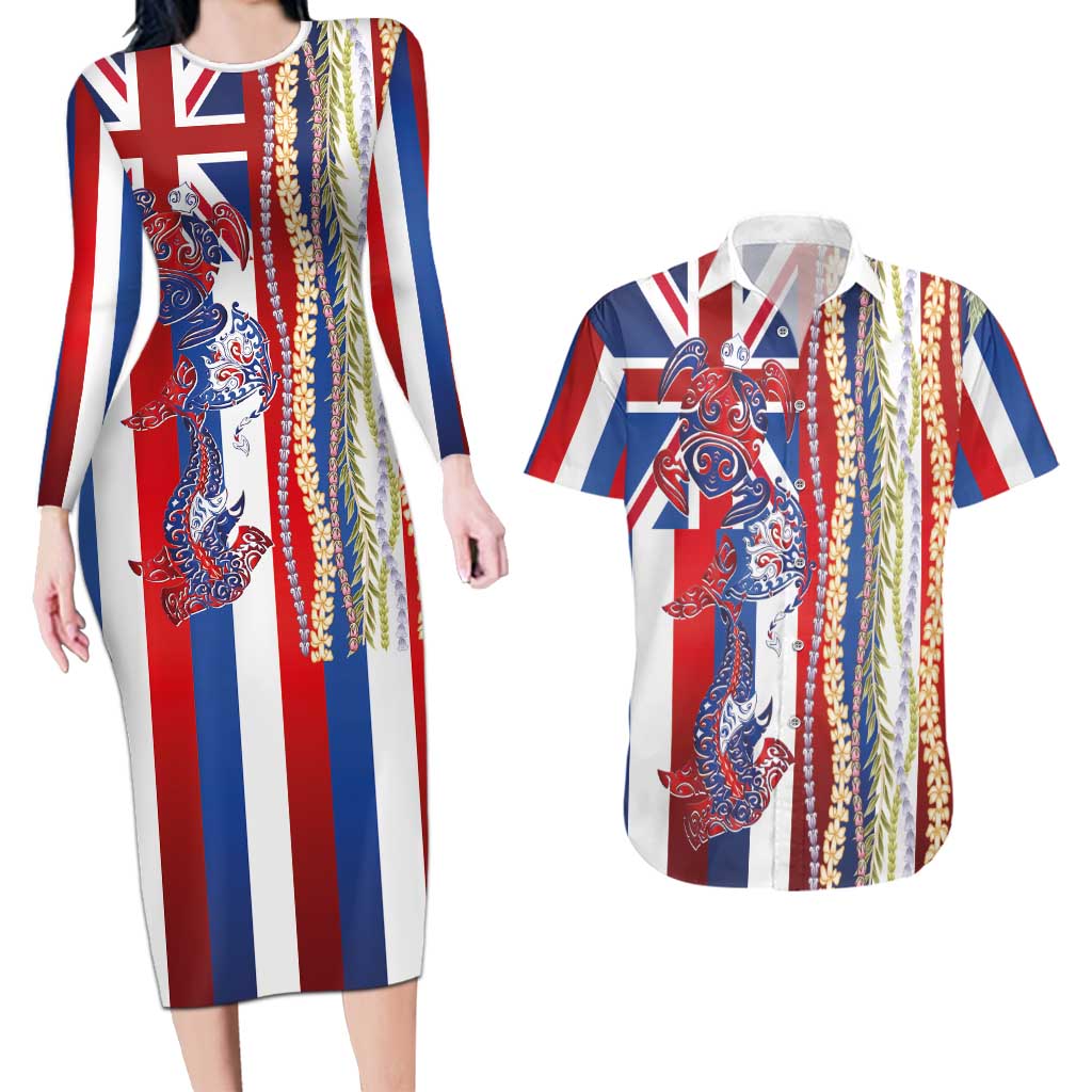 Hawaiian Sea Animals Couples Matching Long Sleeve Bodycon Dress and Hawaiian Shirt with Lei and Flag Style LT03 Multicolor - Polynesian Pride