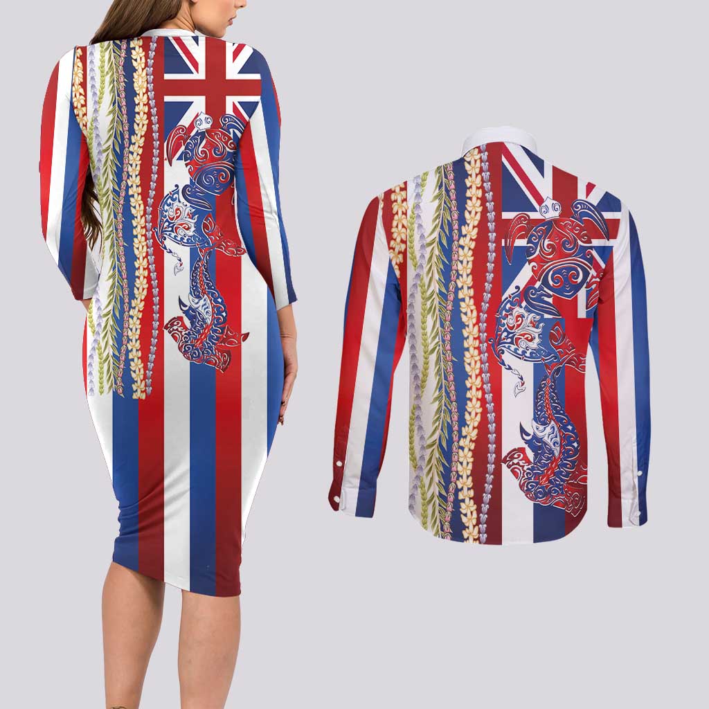 Hawaiian Sea Animals Couples Matching Long Sleeve Bodycon Dress and Long Sleeve Button Shirt with Lei and Flag Style