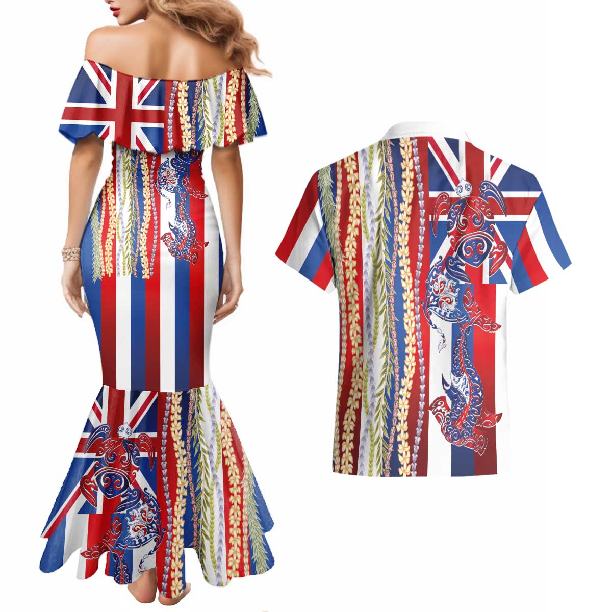Hawaiian Sea Animals Couples Matching Mermaid Dress and Hawaiian Shirt with Lei and Flag Style LT03 - Polynesian Pride