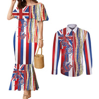 Hawaiian Sea Animals Couples Matching Mermaid Dress and Long Sleeve Button Shirt with Lei and Flag Style LT03 Multicolor - Polynesian Pride